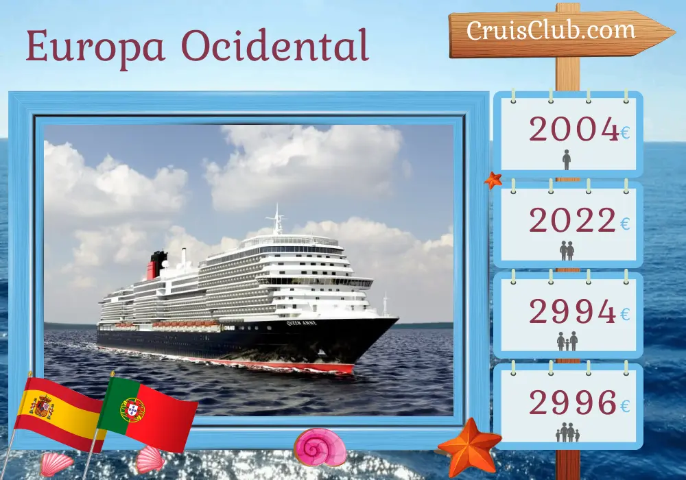 Cruzeiro na Europa Ocidental a partir de Southampton a bordo do navio Queen Anne com visitas à Espanha e Portugal por 8 dias