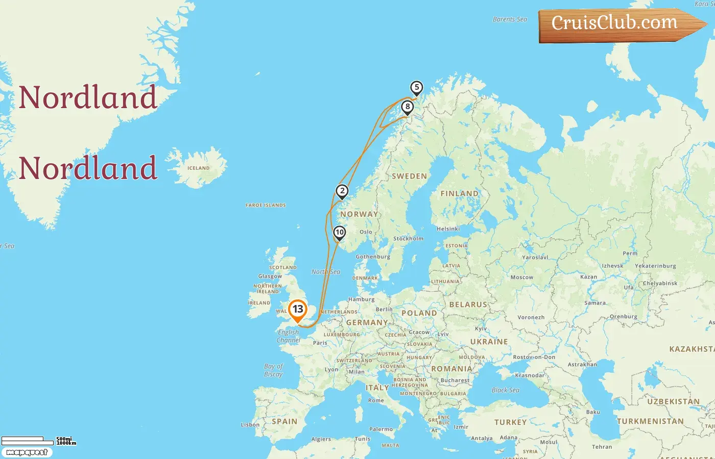 Cruzeiro no Norte partindo de Southampton a bordo do navio Queen Anne com visitas à Noruega por 13 dias