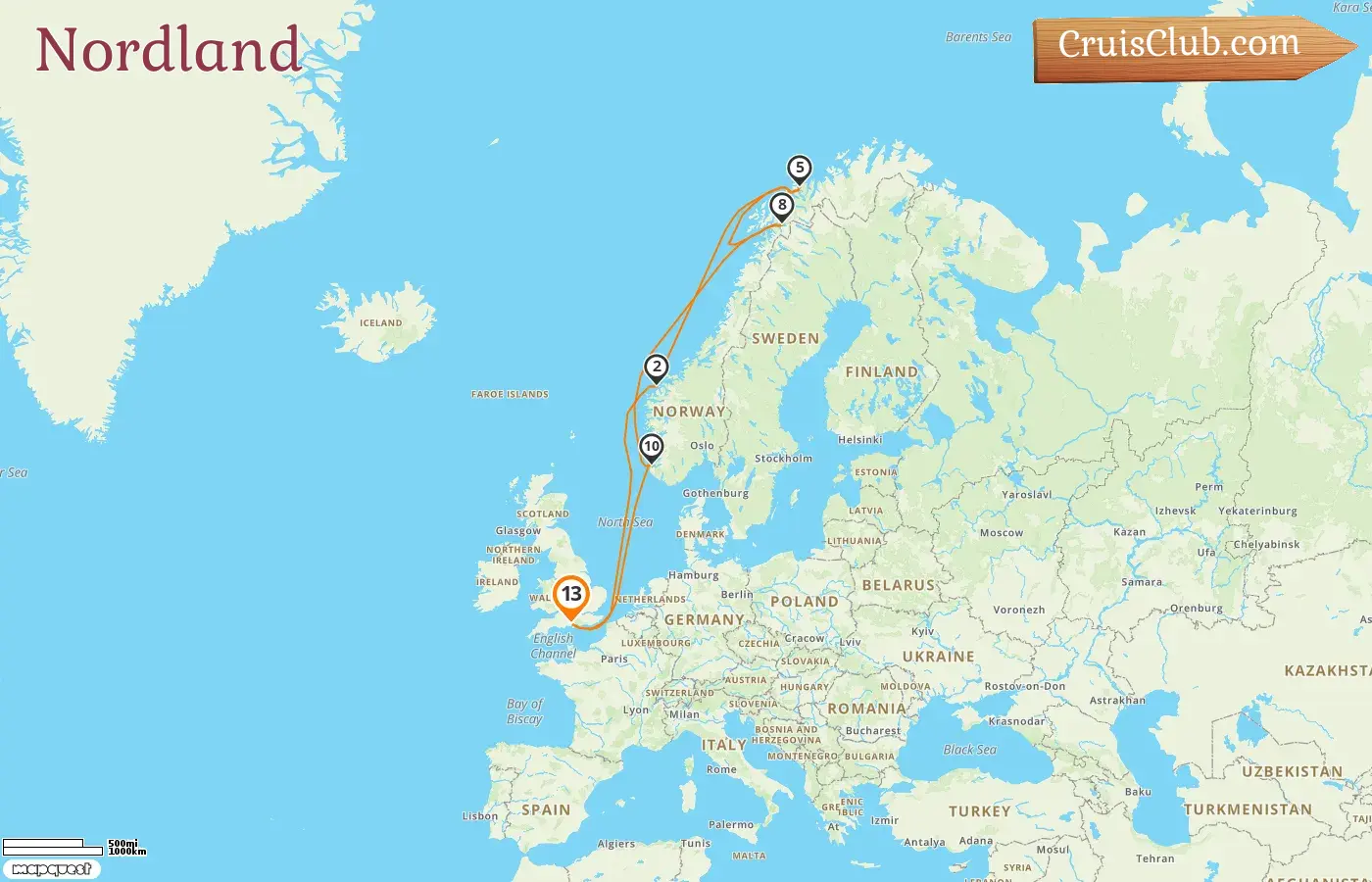 Croisière dans le Nord depuis Southampton à bord du navire Queen Anne avec escales en Norvège pendant 13 jours