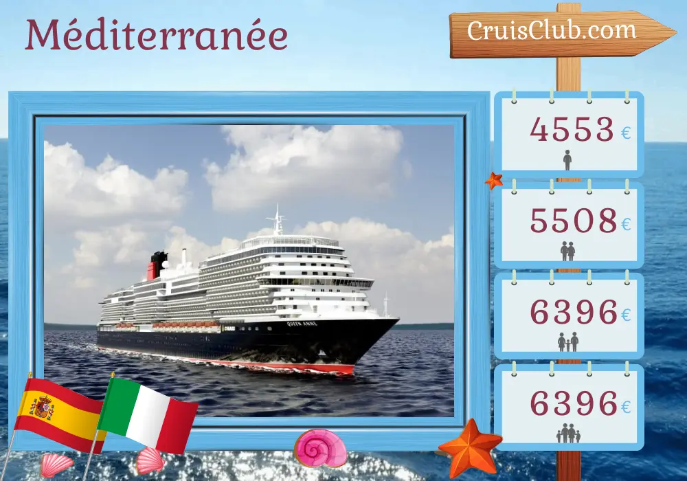 Croisière en Méditerranée à partir de Southampton à bord du Queen Anne avec des visites en Espagne et en Italie pendant 17 jours