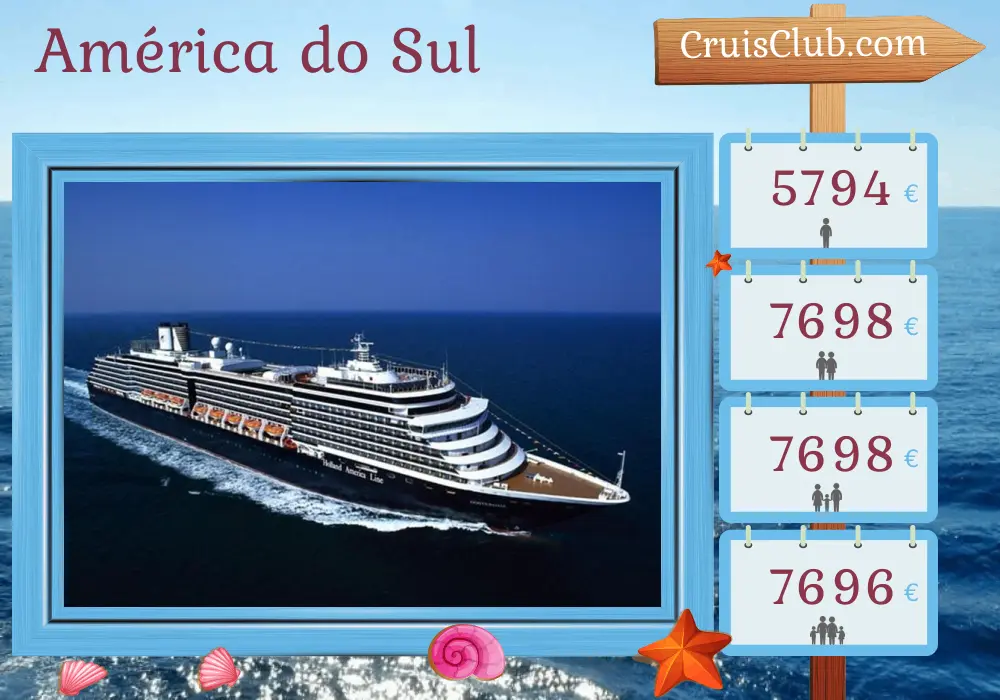 Cruzeiro na América do Sul de Buenos Aires a San Antonio a bordo do navio Oosterdam com visitas à Argentina, Uruguai, Ilhas Falkland e Chile por 23 dias