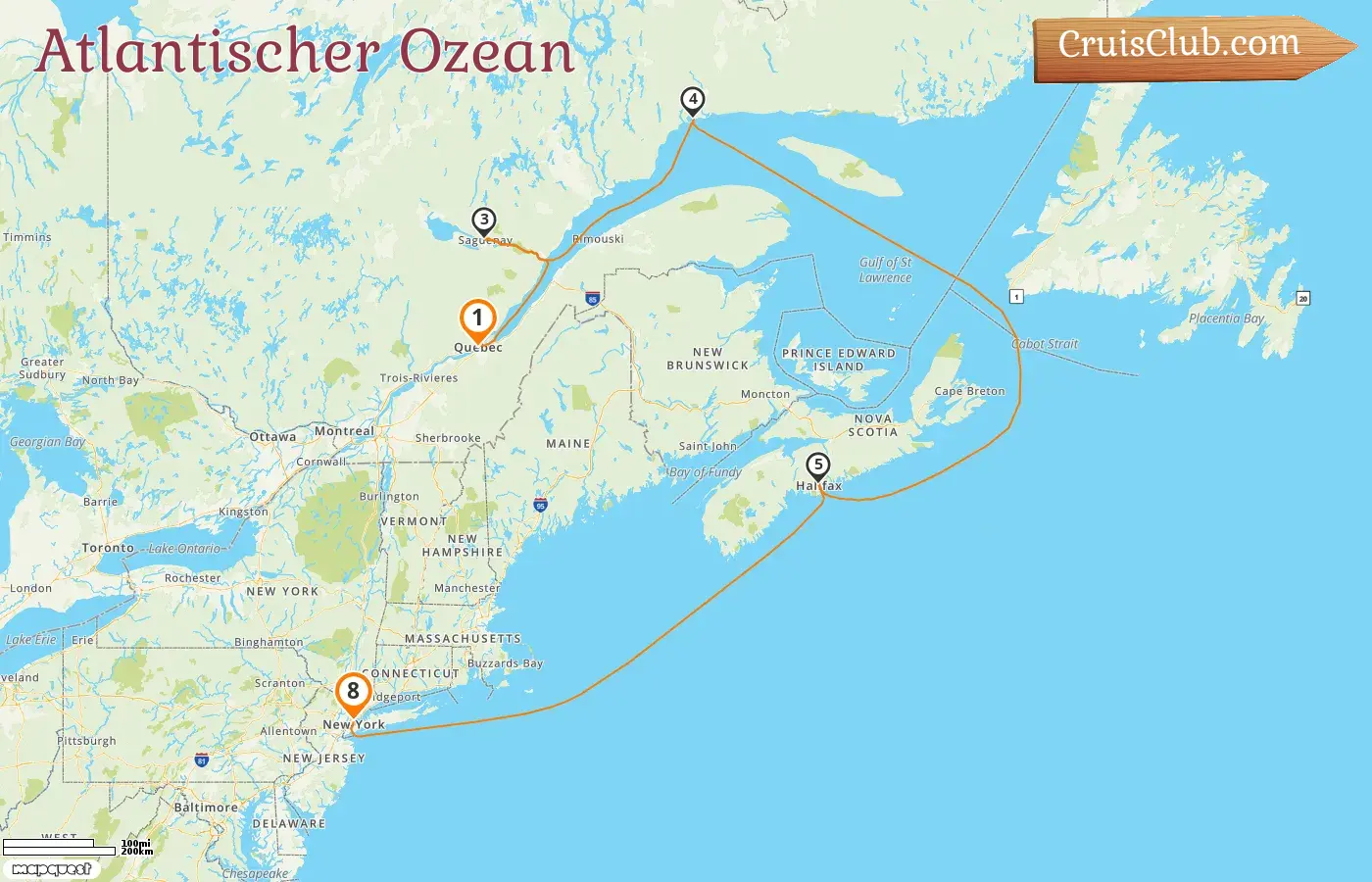 Kreuzfahrt im Atlantik von Quebec nach New York an Bord des Schiffes Queen Mary 2 mit Besuchen in Kanada und den USA für 8 Tage