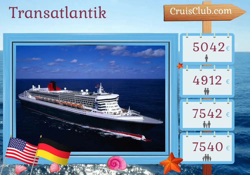 Transatlantik-Kreuzfahrt von New York an Bord des Schiffes Queen Mary 2 mit Besuchen in den USA und Deutschland für 19 Tage