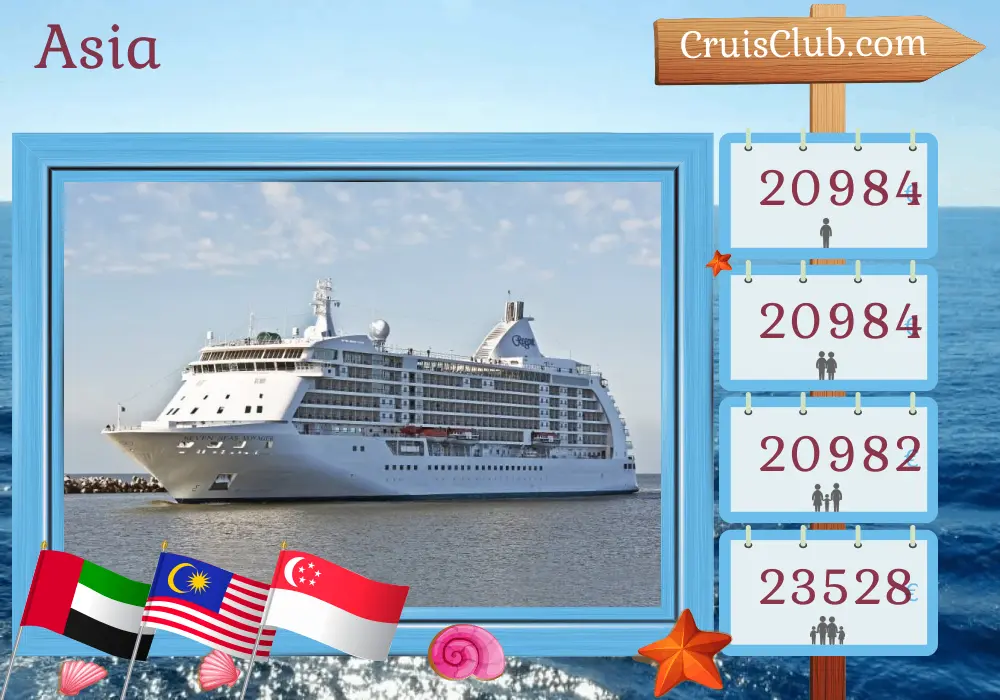 Crucero en Asia desde Dubai a Singapur a bordo del barco Seven Seas Voyager con visitas a los Emiratos Árabes Unidos, India, Sri Lanka, Tailandia, Malasia, Indonesia y Singapur durante 22 días