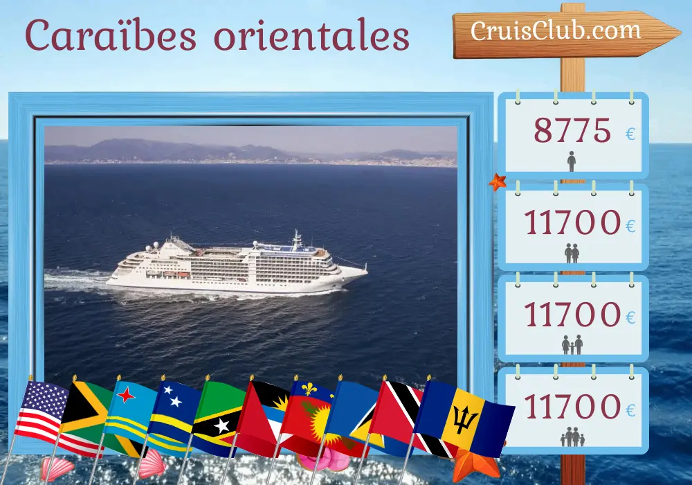 Croisière dans les Caraïbes de l`Est, de Fort Lauderdale à Bridgetown à bord du navire Silver Moon avec des visites aux États-Unis, en Jamaïque, à Aruba, à Curaçao, à Saint-Kitts-et-Nevis, en Guadeloupe, à Sainte-Lucie, à Trinité-et-Tobago, à Saint-Vincent-et-les-Grenadines et à la Barbade pendant 16 jours