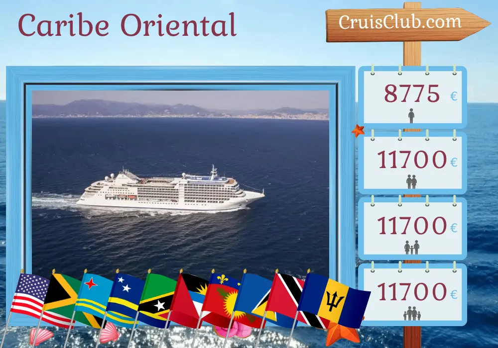 Cruzeiro no Caribe Oriental de Fort Lauderdale para Bridgetown a bordo do navio Silver Moon com visitas aos EUA, Jamaica, Aruba, Curaçao, São Cristóvão e Nevis, Guadalupe, Santa Lúcia, Trinidad e Tobago, São Vicente e Granadinas e Barbados por 16 dias