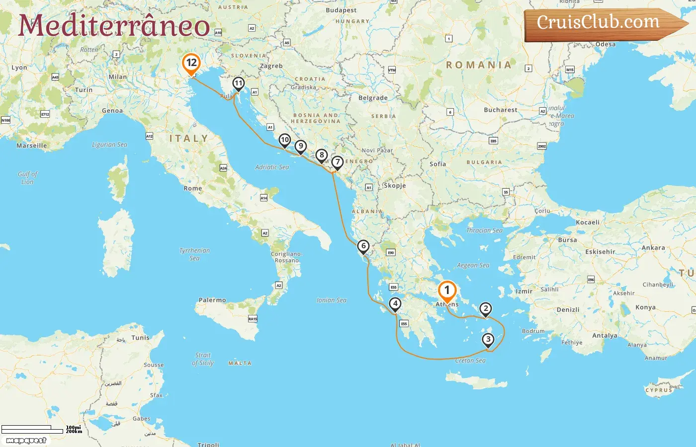 Cruzeiro no Mediterrâneo de Pireu a Veneza a bordo do navio Star Clipper com visitas à Grécia, Montenegro, Croácia e Itália por 12 dias