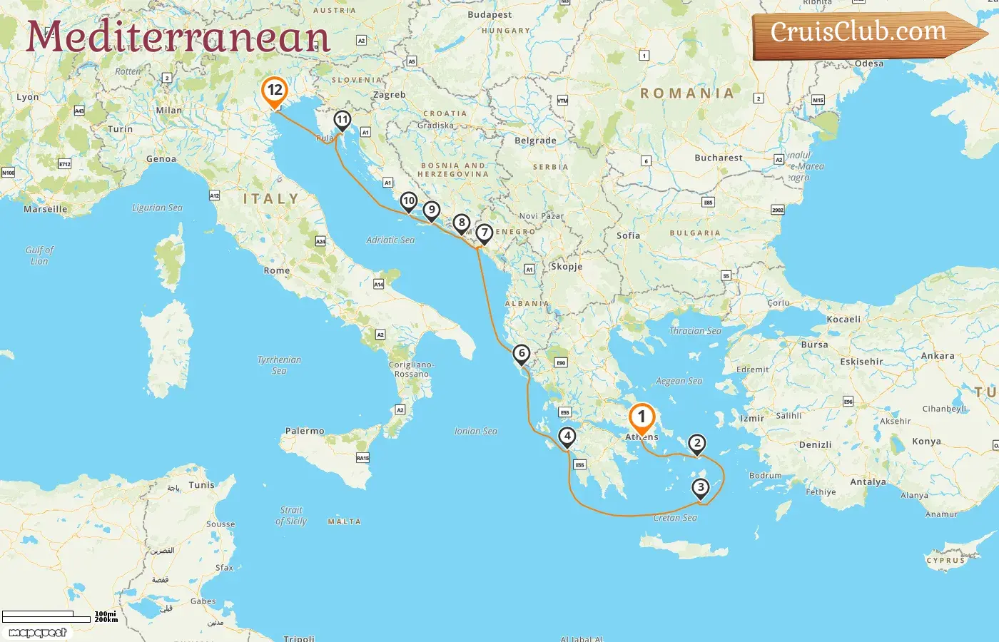 Cruise in the Mediterranean from Piraeus to Venice aboard Star Clipper ship with visits to Greece, Montenegro, Croatia, and Italy for 12 days