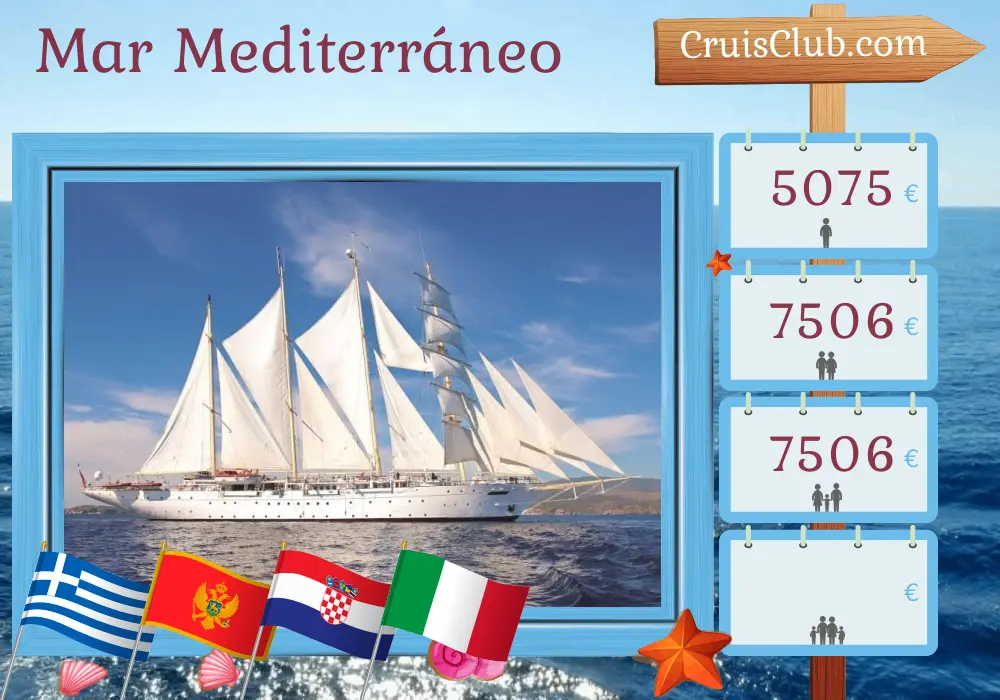 Crucero por el Mediterráneo desde El Pireo a Venecia a bordo del barco Star Clipper con visitas a Grecia, Montenegro, Croacia e Italia durante 12 días