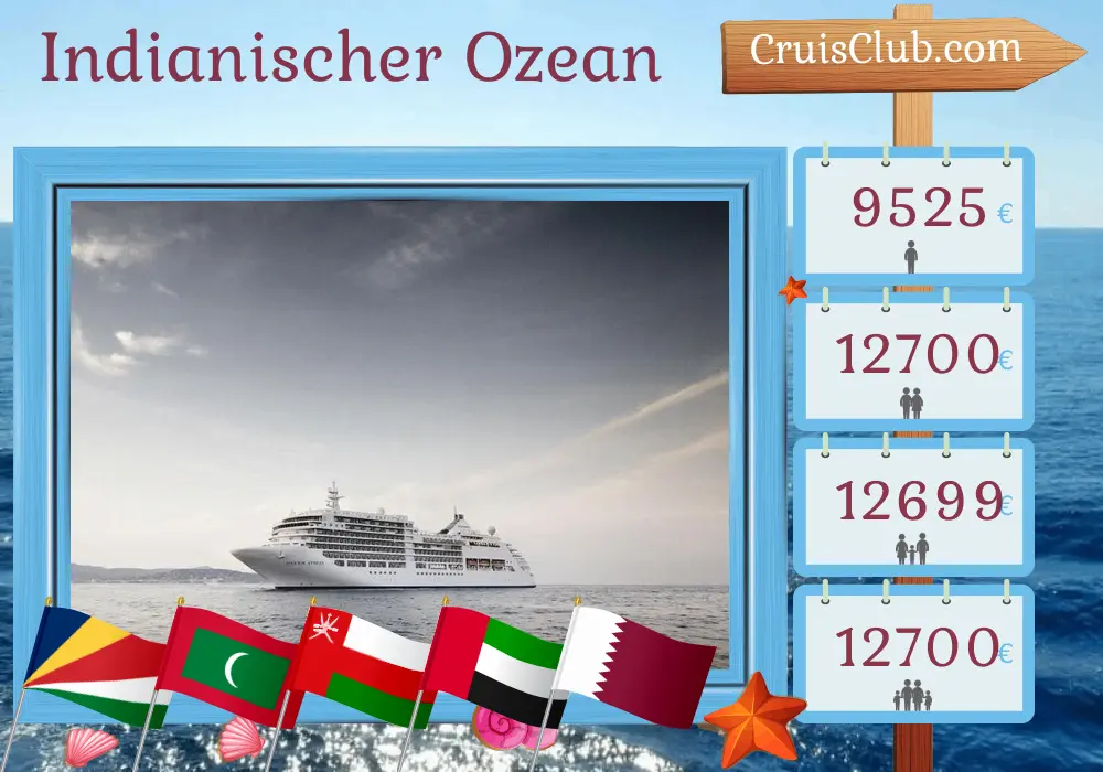 Kreuzfahrt im Indischen Ozean von Mahé nach Doha an Bord des Schiffes Silver Spirit mit Besuchen auf den Seychellen, den Malediven, in Indien, Oman, den Vereinigten Arabischen Emiraten und Katar für 17 Tage