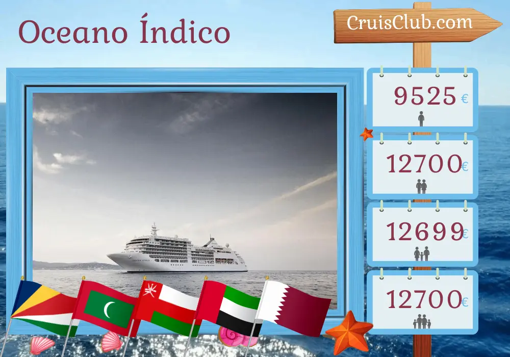 Cruzeiro no Oceano Índico de Mahé a Doha a bordo do navio Silver Spirit com visitas às Seychelles, Maldivas, Índia, Omã, Emirados Árabes Unidos e Catar por 17 dias