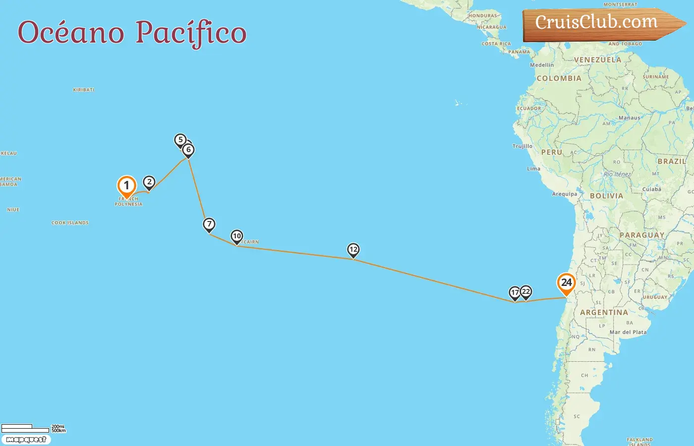 Crucero por el océano Pacífico desde Papeete a Valparaíso a bordo del barco Silver Cloud con visitas a Polinesia Francesa, Pitcairn y Chile durante 24 días