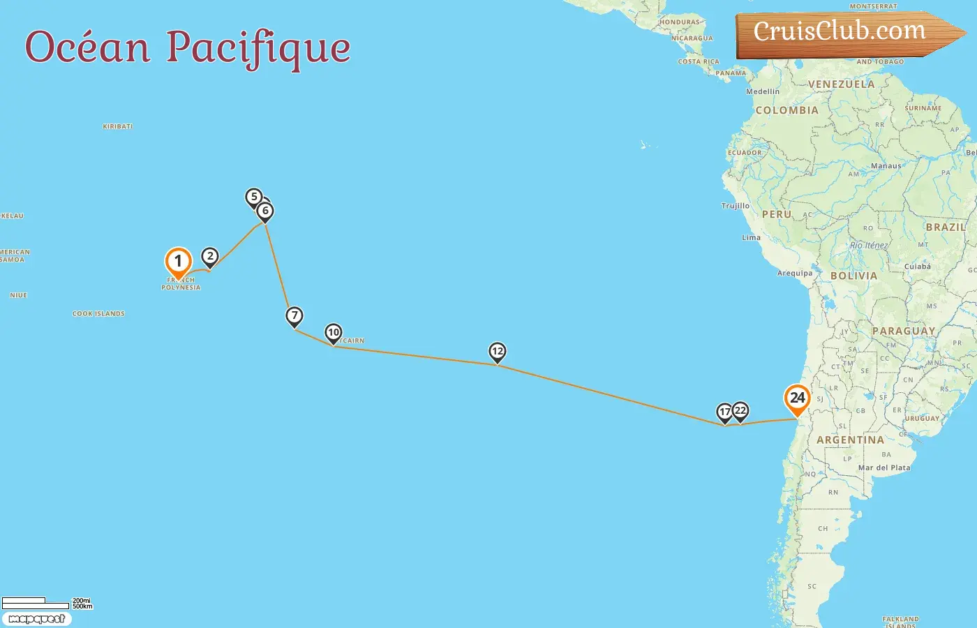 Croisière dans l`océan Pacifique de Papeete à Valparaíso à bord du navire Silver Cloud avec des arrêts en Polynésie française, à Pitcairn et au Chili pendant 24 jours