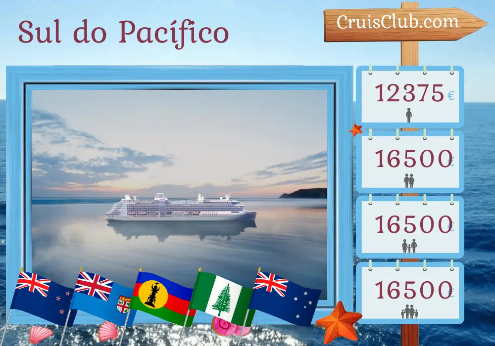 Cruzeiro no Pacífico Sul de Auckland a Sydney a bordo do navio Silver Nova com visitas à Nova Zelândia, Fiji, Vanuatu, Nova Caledônia, Ilha Norfolk e Austrália por 17 dias