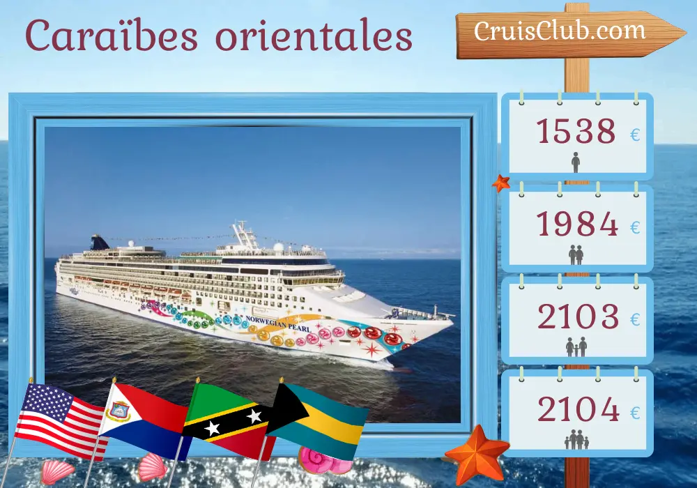 Croisière dans les Caraïbes de l`Est au départ de Miami à bord du bateau Norwegian Pearl avec des visites aux États-Unis, en République dominicaine, aux îles Vierges britanniques, à Saint-Christophe-et-Niévès et aux Bahamas pendant 10 jours