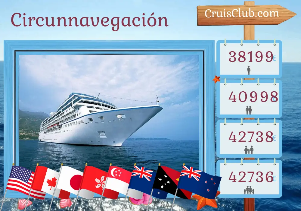 Crucero en el tour mundial desde Los Ángeles hasta Sídney a bordo del barco Regatta con visitas a Estados Unidos, Canadá, Japón, Taiwán, Hong Kong, Viet Nam, Singapur, Indonesia, Australia, Papua Nueva Guinea y Nueva Zelanda durante 80 días