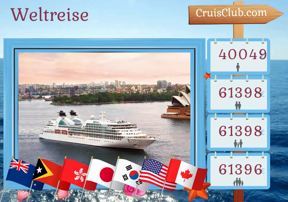 Welttournee-Kreuzfahrt von Sydney nach Vancouver an Bord des Schiffes Seabourn Odyssey mit Stopps in Australien, Timor-Leste, Indonesien, Philippinen, Vietnam, Hongkong, Taiwan, Japan, China, Südkorea, USA und Kanada für 81 Tage