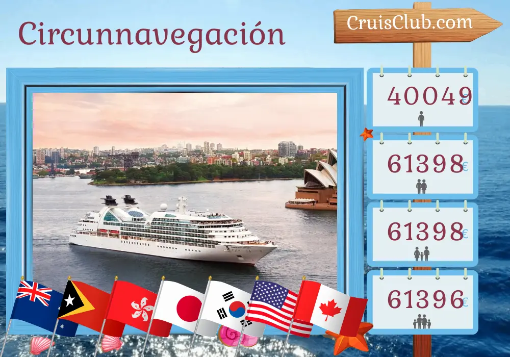 Crucero en el Tour Mundial desde Sydney a Vancouver a bordo del barco Seabourn Odyssey con visitas a Australia, Timor Oriental, Indonesia, Filipinas, Vietnam, Hong Kong, Taiwán, Japón, China, Corea del Sur, Estados Unidos y Canadá durante 81 días