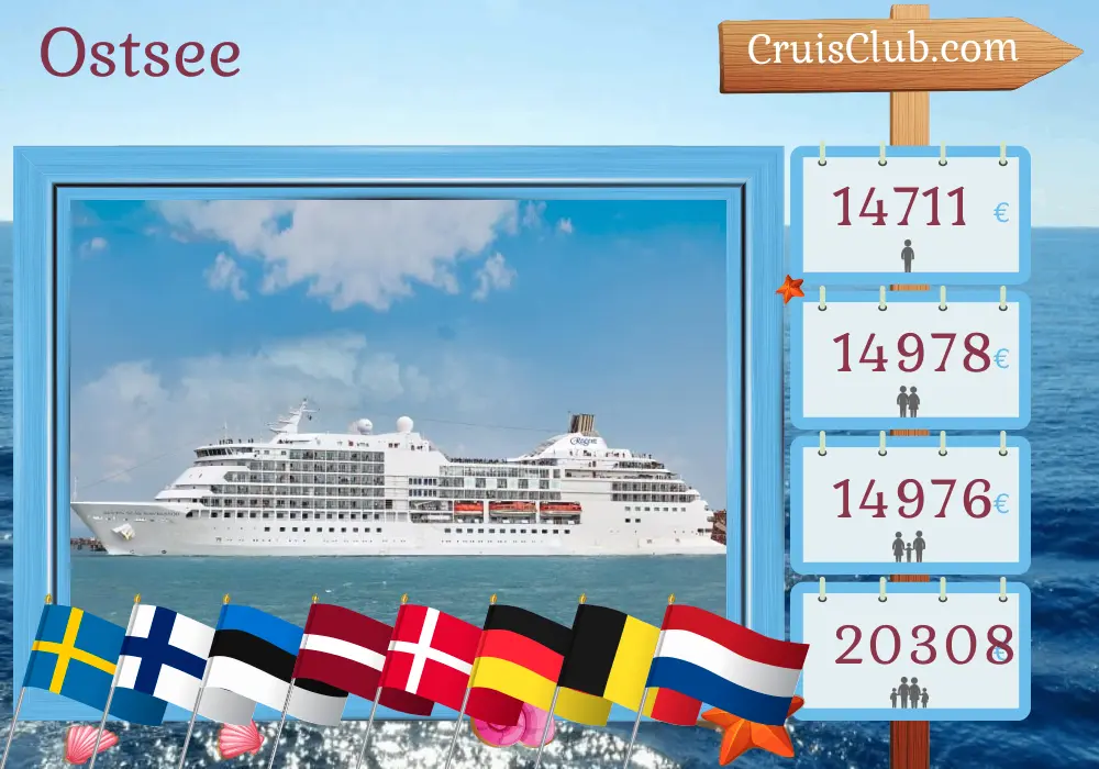 Kreuzfahrt in der Ostsee von Stockholm nach Amsterdam an Bord des Schiffes Seven Seas Navigator mit Besuchen in Schweden, Finnland, Estland, Lettland, Polen, Dänemark, Deutschland, Belgien und den Niederlanden für 15 Tage