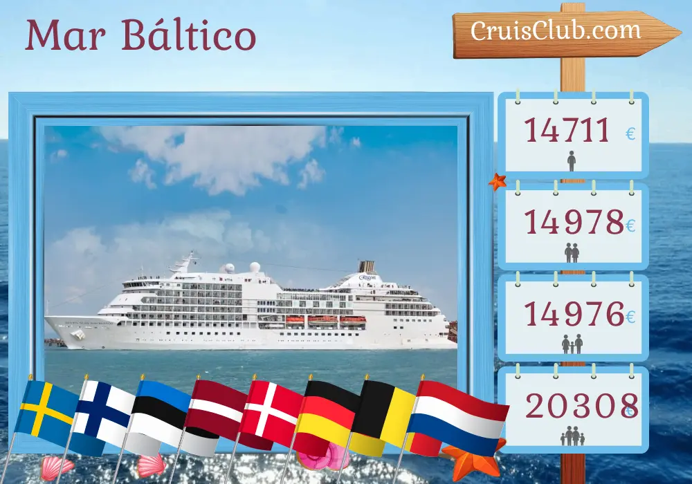 Crucero por el Mar Báltico de Estocolmo a Ámsterdam a bordo del barco Seven Seas Navigator con visitas a Suecia, Finlandia, Estonia, Letonia, Polonia, Dinamarca, Alemania, Bélgica y Países Bajos durante 15 días
