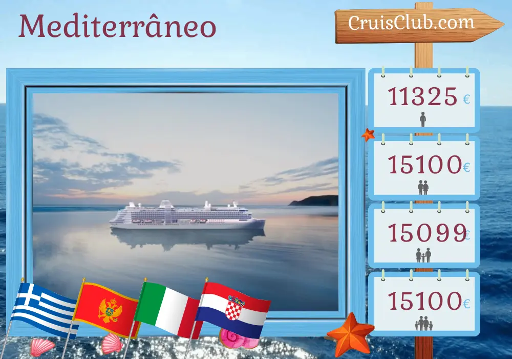 Cruzeiro no Mediterrâneo de Piraeus a Veneza a bordo do navio Silver Ray com visitas à Grécia, Montenegro, Itália e Croácia por 12 dias