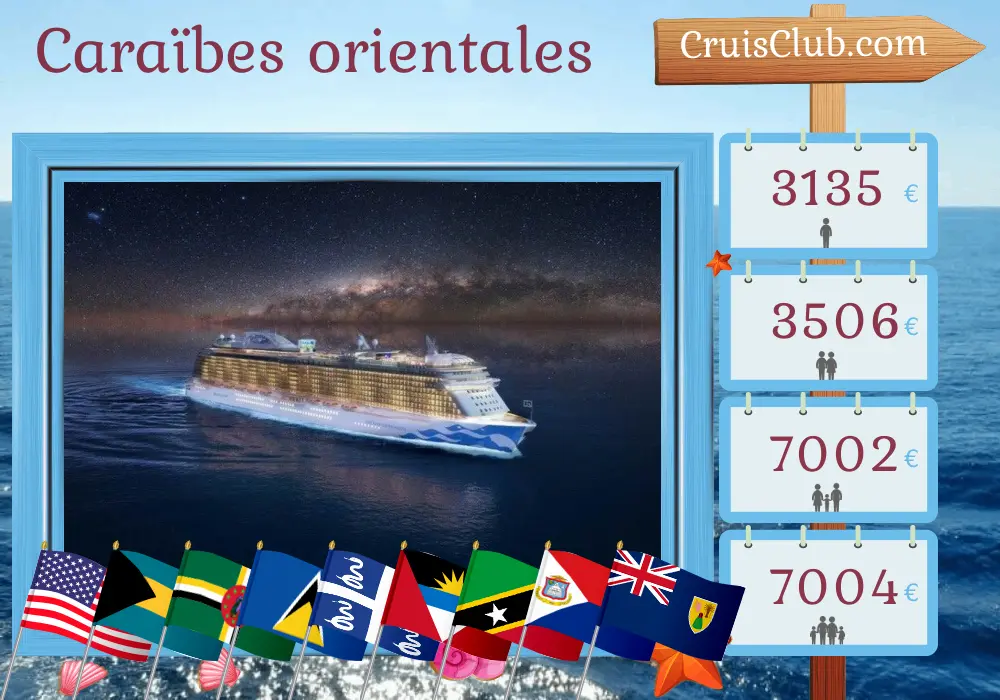 Croisière dans les Caraïbes de l`Est au départ de Fort Lauderdale à bord du navire Enchanted Princess avec des escales aux États-Unis, aux Bahamas, en Dominique, à Sainte-Lucie, en Martinique, aux Îles Vierges britanniques et à Saint-Christophe-et-Niévès pendant 21 jours