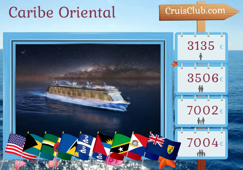 Crucero en el Este del Caribe desde Fort Lauderdale a bordo del barco Enchanted Princess con visitas a Estados Unidos, Bahamas, Dominica, Santa Lucía, Martinica, Islas Vírgenes Británicas y San Cristóbal y Nieves durante 21 días