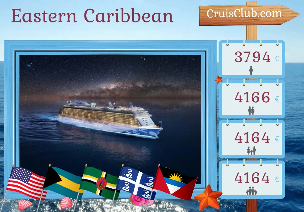 Cruise in the Eastern Caribbean from Fort Lauderdale aboard Enchanted Princess ship with visits to USA, Bahamas, Dominica, and Martinique for 11 days