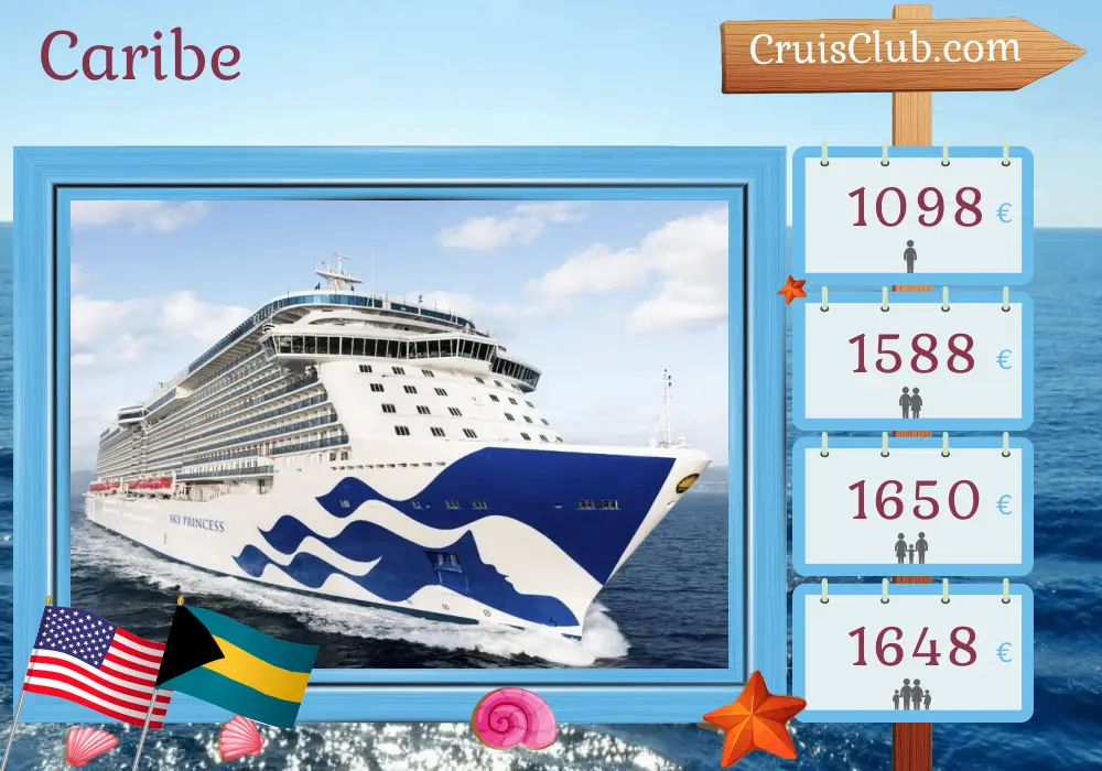 Cruzeiro no Caribe a partir de Fort Lauderdale a bordo do navio Sky Princess com visitas aos EUA, Bahamas e Porto Rico por 8 dias