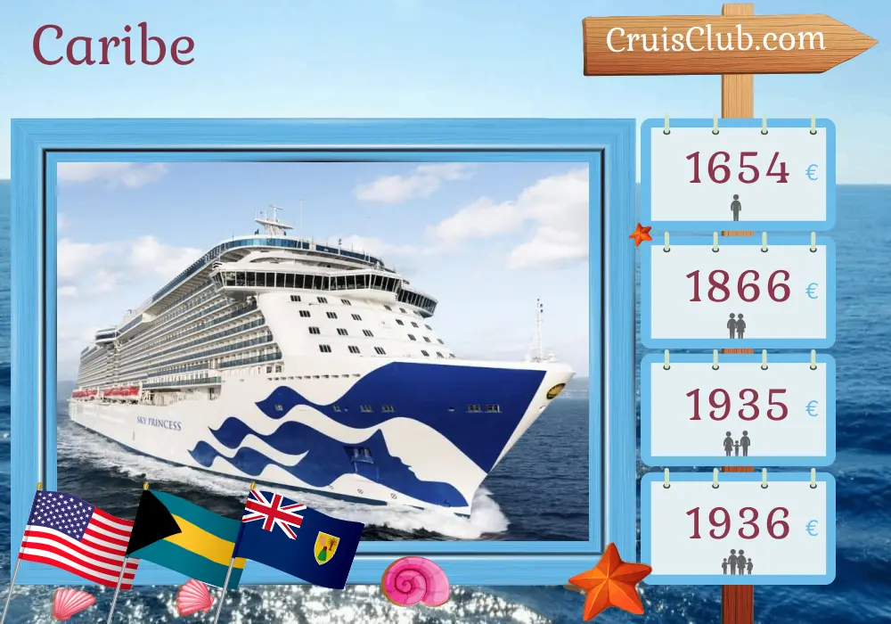 Cruzeiro no Caribe saindo de Fort Lauderdale a bordo do navio Sky Princess com visitas aos Estados Unidos, Bahamas, Porto Rico e República Dominicana por 8 dias