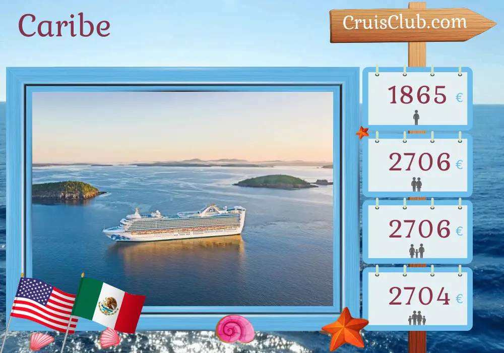 Cruzeiro no Caribe a partir de Fort Lauderdale a bordo do navio Caribbean Princess com visitas aos Estados Unidos, Bahamas, Jamaica, Ilhas Cayman, México e Porto Rico por 15 dias