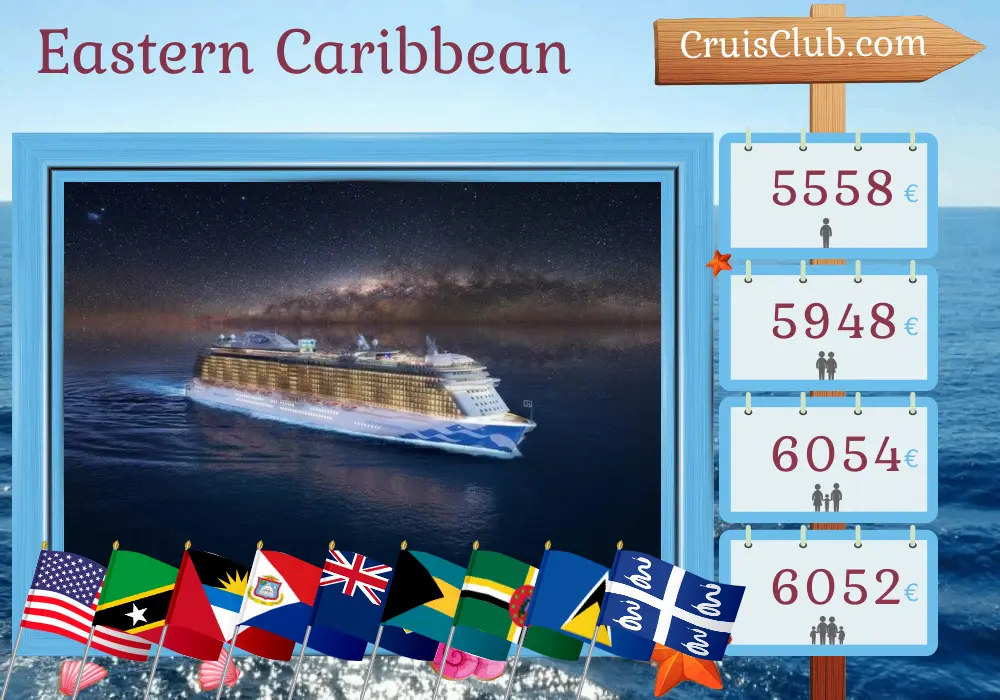 Kreuzfahrt in der östlichen Karibik ab Fort Lauderdale an Bord des Schiffes Enchanted Princess mit Stopps in den USA, den Britischen Jungferninseln, Saint Kitts und Nevis, den Bahamas, Dominica, Saint Lucia und Martinique für 21 Tage