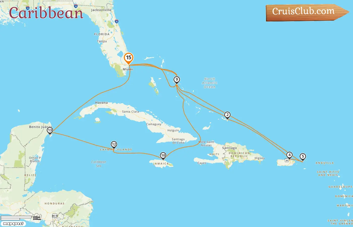 Caribbean cruise with stops in USA, Puerto Rico, Bahamas, Jamaica, Cayman Islands, and Mexico aboard the Nieuw Amsterdam for 15 days