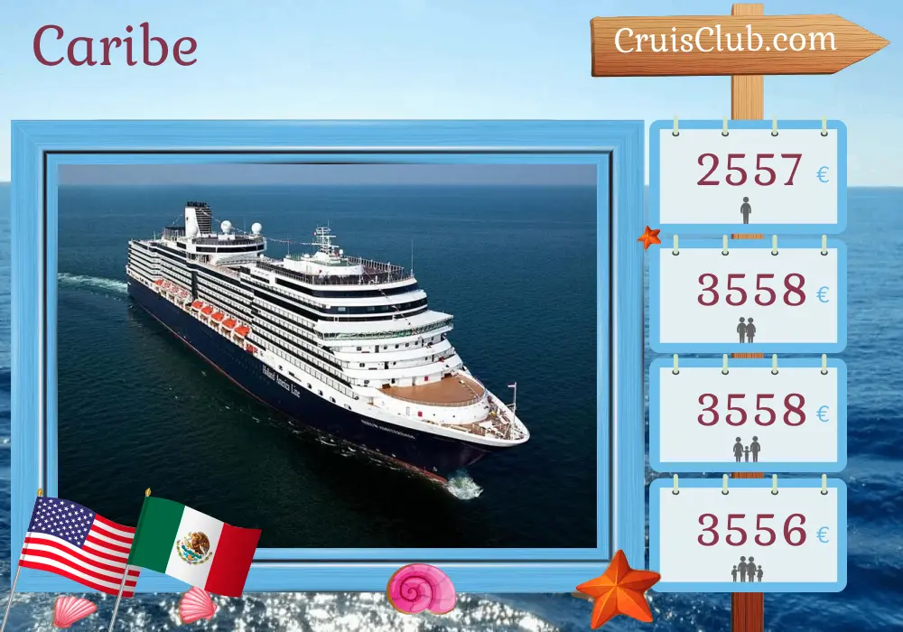 Cruzeiro no Caribe a partir de Fort Lauderdale a bordo do navio Nieuw Amsterdam com visitas aos Estados Unidos, Porto Rico, Bahamas, Jamaica, Ilhas Cayman e México por 15 dias