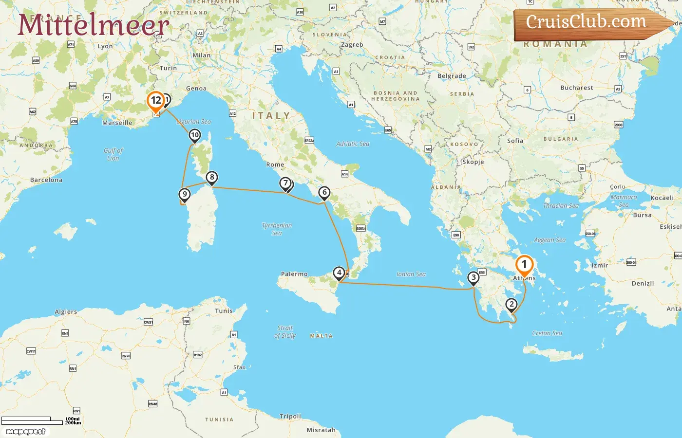 Kreuzfahrt im Mittelmeer von Piräus nach Cannes an Bord des Schiffes Royal Clipper mit Besuchen in Griechenland, Italien, Frankreich und Monaco für 12 Tage