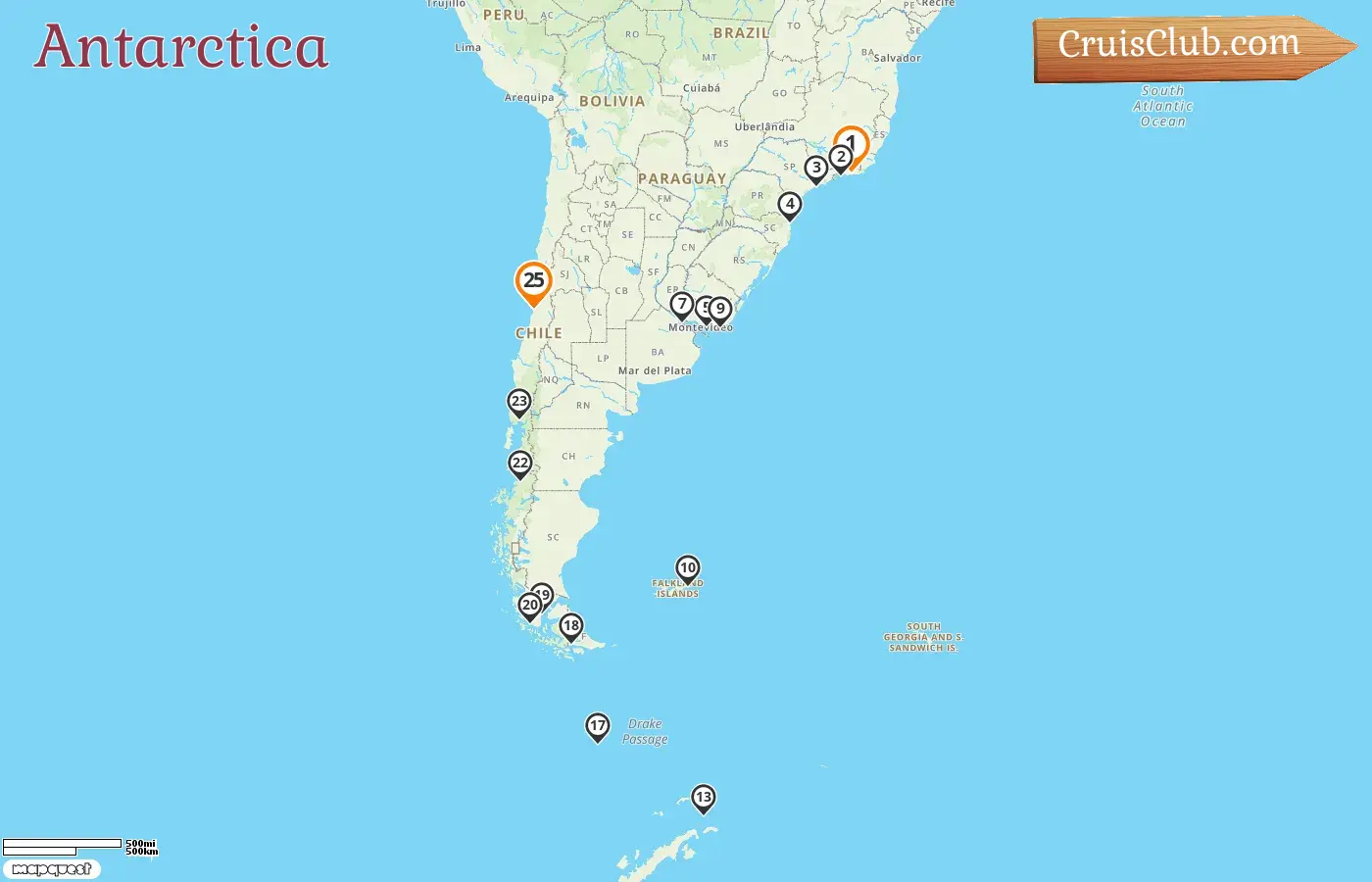 Cruise in the Antarctica aboard Seven Seas Splendor ship from Rio de Janeiro to San Antonio with visits to Brazil, Uruguay, Argentina, Falkland Islands, and Chile for 25 days