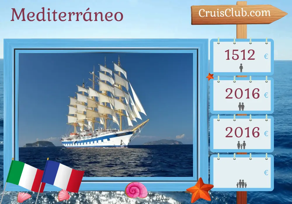 Crucero en el Mediterráneo desde Civitavecchia a Cannes a bordo del barco Royal Clipper con visitas a Italia y Francia durante 4 días