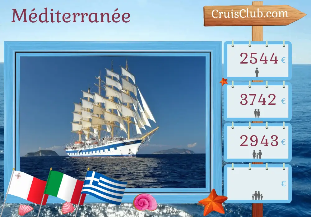 Croisière en Méditerranée de Valletta à Pirée à bord du navire Royal Clipper avec des visites à Malte, en Italie et en Grèce pendant 6 jours