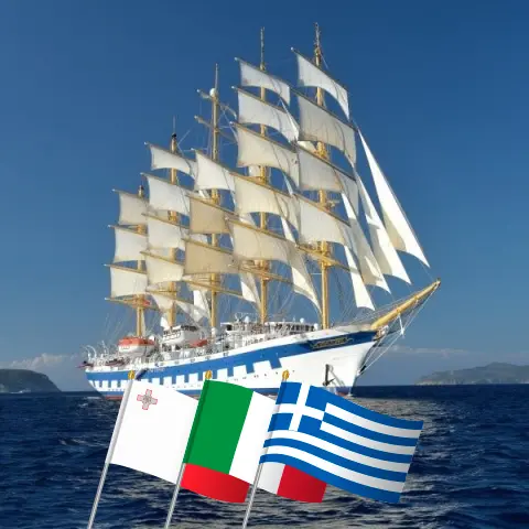 Mediterranean Cruise from Valletta to Piraeus aboard Royal Clipper ship with visits to Malta, Italy, and Greece for 6 days