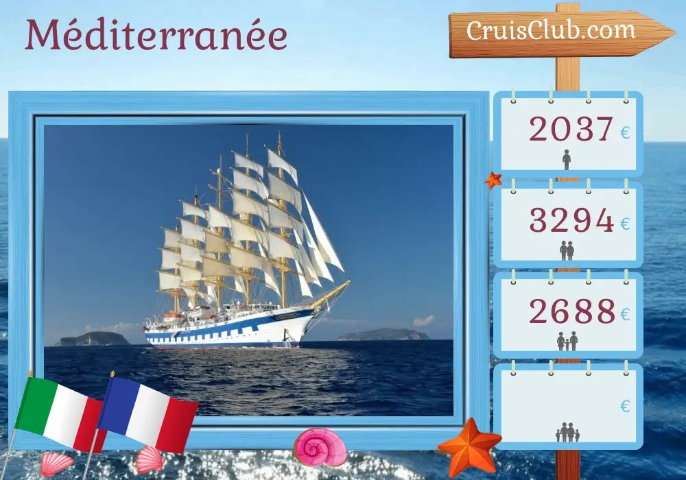 Croisière en Méditerranée depuis Civitavecchia à bord du navire Royal Clipper avec visites en Italie et en France pendant 5 jours