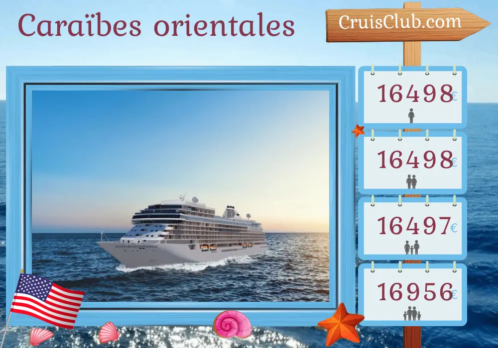 Croisière dans les Caraïbes de l`Est au départ de Miami à bord du navire Seven Seas Grandeur avec escales aux États-Unis, à Aruba, à Curaçao, à Grenade, à Saint-Vincent-et-les Grenadines, à la Barbade et à la Dominique pendant 15 jours