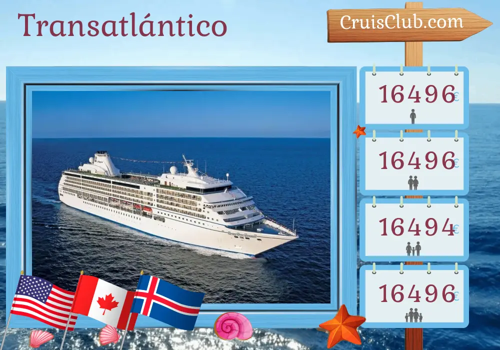 Crucero por el Atlántico desde Nueva York a Reykjavik a bordo del barco Seven Seas Mariner con visitas a Estados Unidos, Canadá, Groenlandia e Islandia durante 19 días