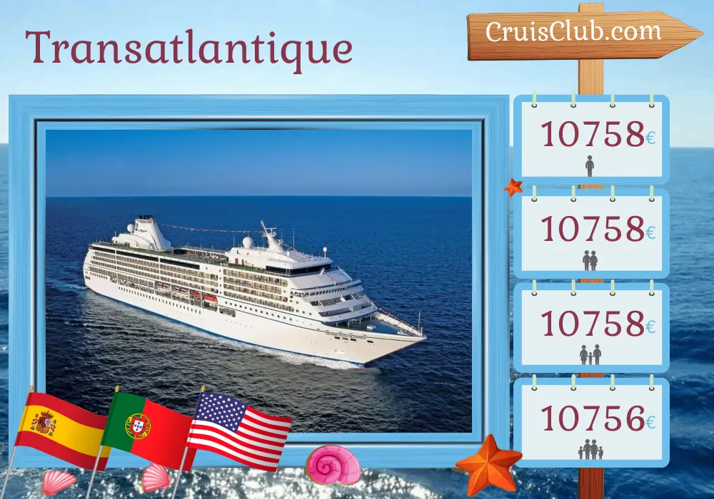 Croisière transatlantique de Barcelone à Miami à bord du navire Seven Seas Mariner avec des visites en Espagne, au Portugal, aux Bermudes et aux États-Unis pendant 15 jours