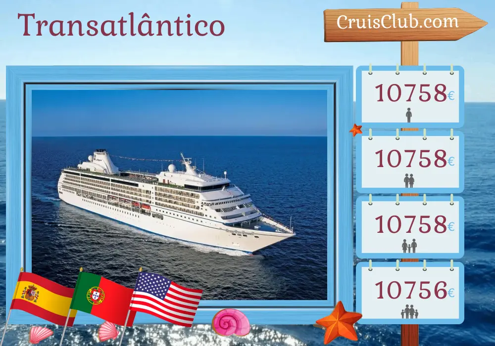 Cruzeiro no Transatlântico de Barcelona para Miami a bordo do navio Seven Seas Mariner com visitas à Espanha, Portugal, Bermudas e EUA por 15 dias