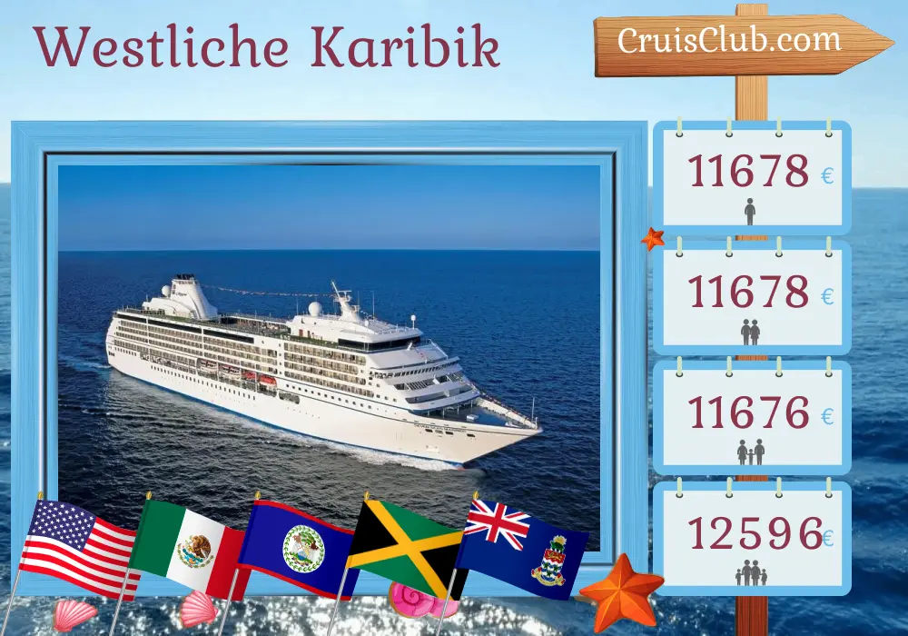 Kreuzfahrt in der westlichen Karibik ab Miami an Bord des Schiffes Seven Seas Mariner mit Besuchen in den USA, Mexiko, Belize, Honduras, Jamaika und den Cayman Islands für 11 Tage