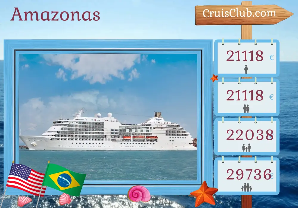 Croisière en Amazonie depuis Miami à bord du navire Seven Seas Navigator avec des visites aux États-Unis, à Saint- Barthélemy, en Guadeloupe, à Grenade, à Trinité-et-Tobago, au Brésil, à la Barbade, à la Dominique, à Porto Rico et aux Bahamas pendant 26 jours