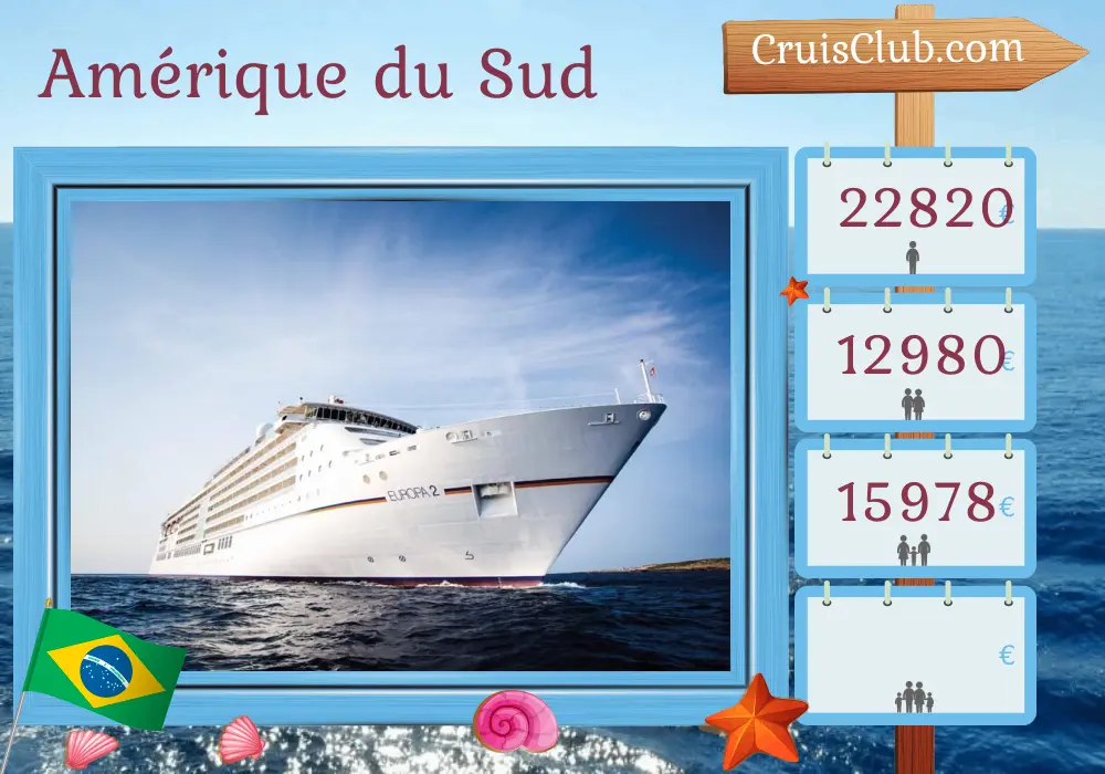Croisière en Amérique du Sud de Bridgetown à Rio de Janeiro à bord du navire MS EUROPA 2 avec visites à la Barbade, Saint-Vincent-et-les Grenadines, Grenade, Trinité-et-Tobago, Guyane française et Brésil pendant 15 jours