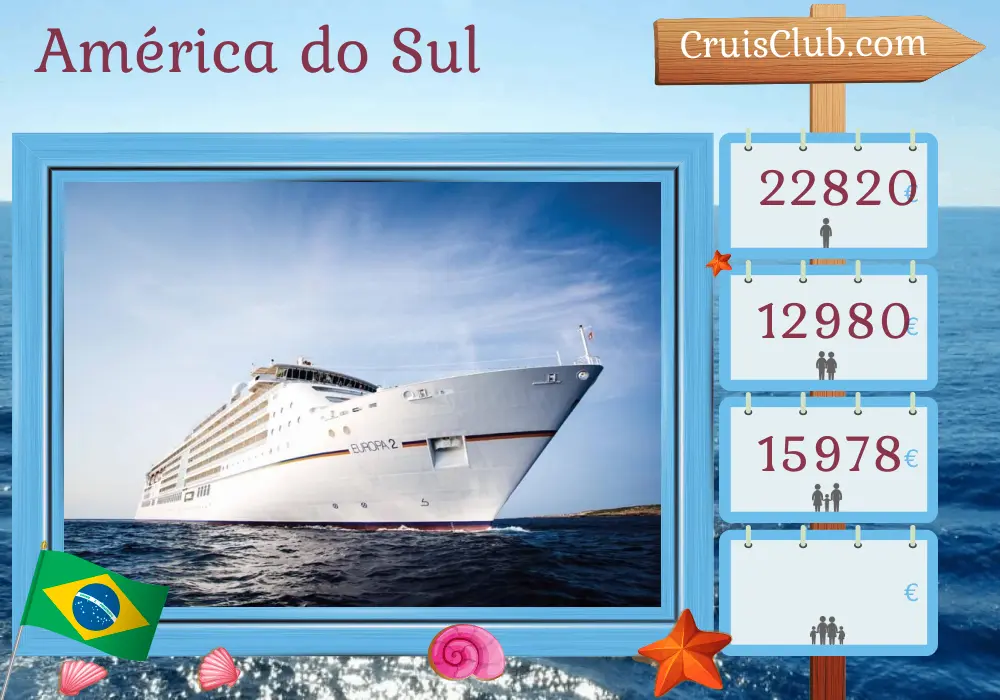 Cruzeiro na América do Sul de Bridgetown a Rio de Janeiro a bordo do navio MS EUROPA 2 com visitas a Barbados, São Vicente e Granadinas, Granada, Trinidad e Tobago, Guiana Francesa e Brasil por 15 dias