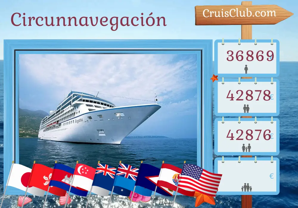 Cruise en el recorrido mundial desde Tokio hasta Honolulu a bordo del barco Regatta con visitas a Japón, China, Hong Kong, Viet Nam, Camboya, Tailandia, Singapur, Indonesia, Australia, Vanuatu, Fiji, Samoa, Polinesia Francesa y Estados Unidos durante 73 días