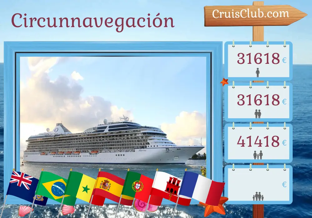 Crucero en el Tour Mundial de San Antonio a Barcelona a bordo del barco Marina con visitas a Chile, Argentina, Islas Malvinas, Uruguay, Brasil, Senegal, España, Portugal, Marruecos, Gibraltar y Francia durante 64 días